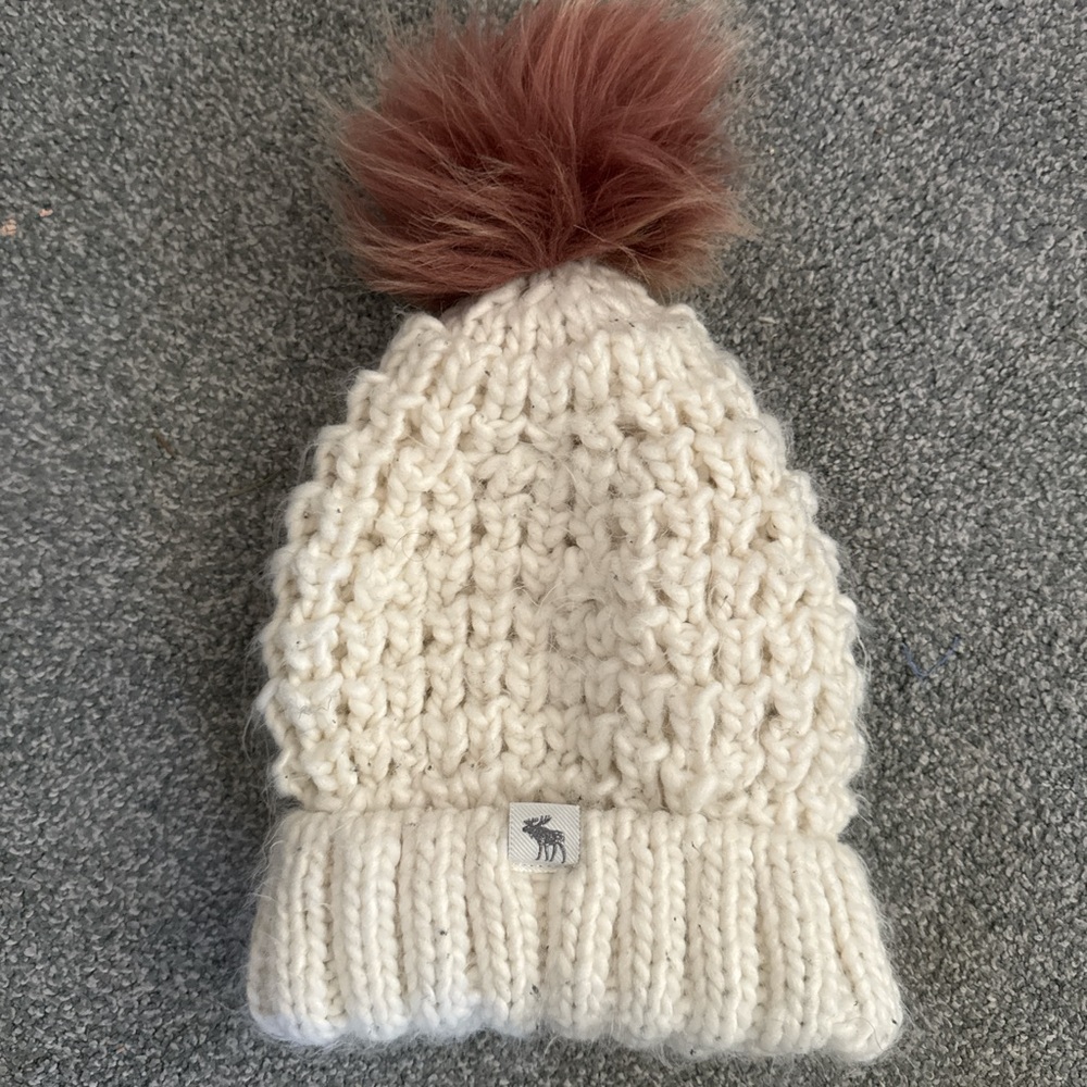 Abercrombie Kids Ivory Knit Hat with Brown Pom-Pom